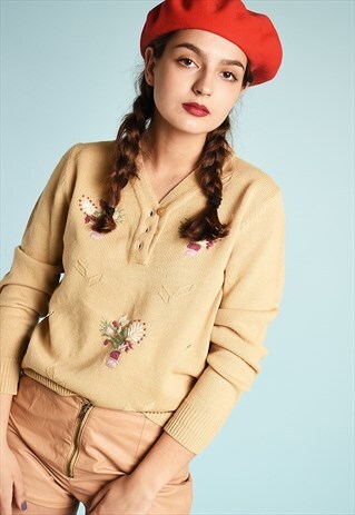 VINTAGE 90'S RETRO FLORAL EMBROIDERED KNIT JUMPER