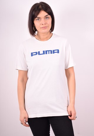 PUMA WOMENS VINTAGE T-SHIRT TOP MEDIUM WHITE 90S