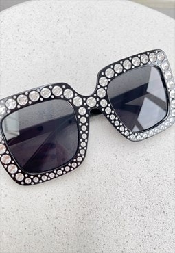 Black Oversized Square Diamante Retro Sunglasses