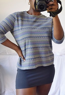 Vintage 90s Patterned Jumper Top 3/4 Sleeves Blue