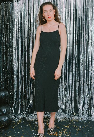 BLACK SLIP DRESS TEXTURED NIGHTGOWN VINTAGE SPAGHETTI STRAPS