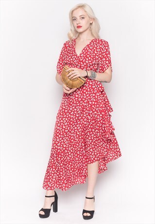 RUFFLED WRAP MIDI DRESS IN RED SWEET HEART PRINT