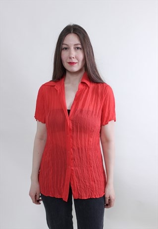 VINTAGE MESH TEXTURED BLOUSE, RUFFLE RED SHIRT MEDIUM SIZE