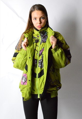 VINTAGE 80S GREEN ABSTRACT PADDED SKI SNOWBOARD JACKET