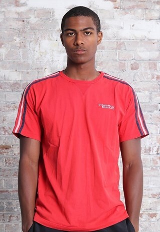 VINTAGE ADIDAS LOGO 3 STRIPE T-SHIRT RED