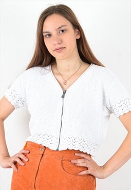 Women's M Cardigan Top Shirt Knitted Lace Crochet Zip Up 