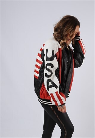 VINTAGE LEATHER BOMBER JACKET OVERSIZED USA UK 16 XL (M3O)