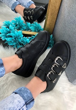 BLACK FAUX LEATHER BUCKLED PUMPS / TRAINERS
