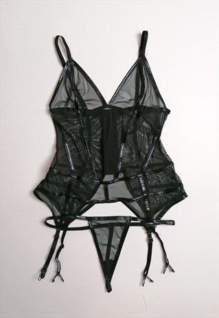 Y2K Sheer Mesh Lingerie Set Corset Top Garter Cami Thong