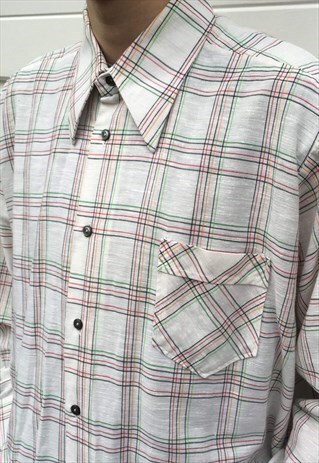 MENS VINTAGE 70S LONG SLEEVE SHIRT CHECKED POINTY COLLAR TOP