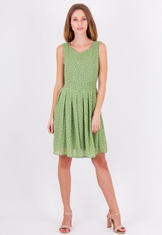GREEN CREW NECK SLEEVELESS RUFFLED HEM A-LINE MINI DRESS