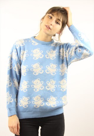 VINTAGE CUTE TEDDY BEAR PATTERNED JUMPER