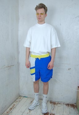Vintage 90's Bright Blue Yellow Baggy Swimming Shorts 