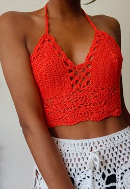 Arielle Orange Crochet festival halter neck crop top