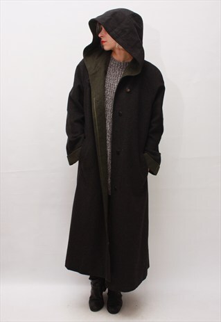 VINTAGE 90' AMAZING BLACK LONG COATWITH DEEP HOOD