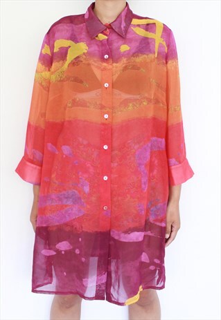 Y2K OVER SIZED RED TIE DYE OMBRE PRINT SHEER TOP SHIRT