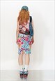 90'S VINTAGE RETRO FLORAL PRINT PENCIL SKIRT IN CYAN & PINK