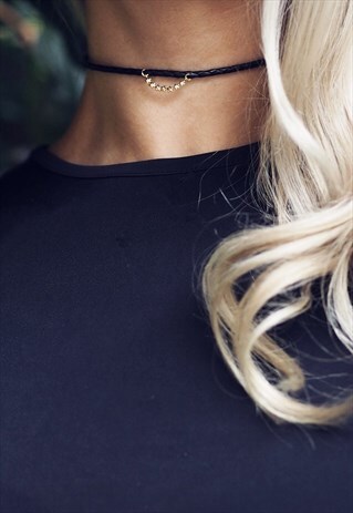 GOLD CUBIC STAR BLACK LEATHER CHOKER - ESTHER