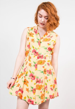 VINTAGE 90'S ORANGE CHECK FLORAL MINI DRESS