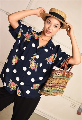 80'S RETRO POLKA DOT & FLORAL FESTIVAL PARIS CHIC BLOUSE TOP