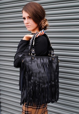 FRINGE FEVER BLACK FAUX LEATHER TASSEL FRINGE TOTE BAG