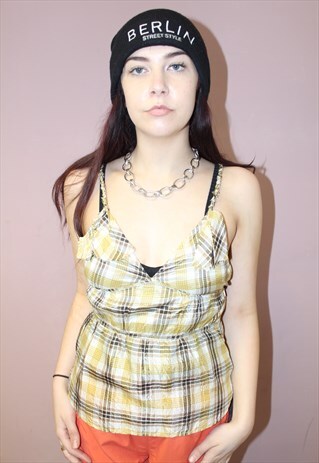 90S VINTAGE DESIGNER YELLOW CHECKED STRAPPY FESTIVAL TOP