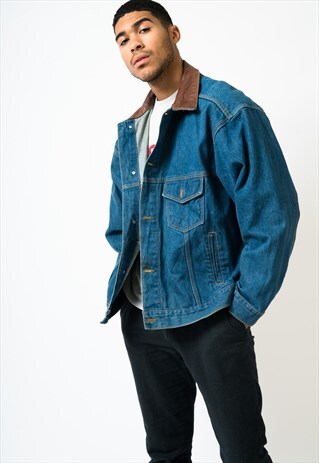 VINTAGE DENIM JACKET WITH BROWN LEATHER COLLAR