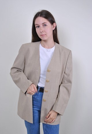 90S BEIGE BUTTON JACKET, WOMEN SUIT BLAZER, SIZE M