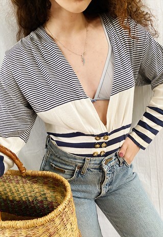 VINTAGE 80S NAUTICAL MARINE STRIPED THIN SWEATSHIRT BLOUSE
