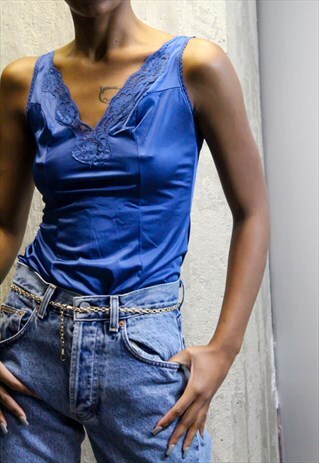 VINTAGE BLUE SATIN CAMI TANK TOP 80S