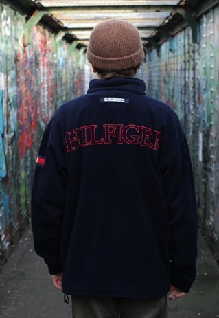 VINTAGE 90S TOMMY HILFIGER SPELLOUT FLEECE PULLOVER Q ZIP