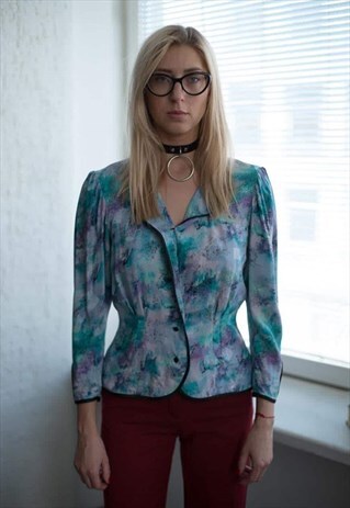VINTAGE 70'S TURQUOISE ABSTRACT PRINT LIGHT BUTTON UP JACKET