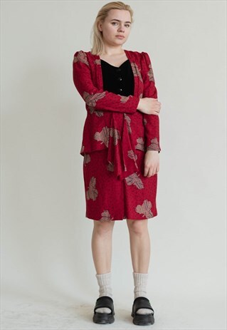 VINTAGE 80S PATTERNED PUFFY SLEEVE MIDI DRESS IN BURGUNDY S