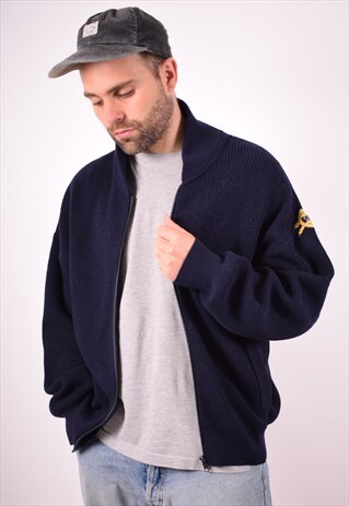 MENS VINTAGE CARDIGAN SWEATER LARGE NAVY BLUE 90S