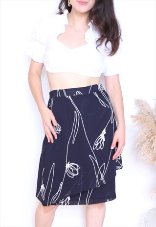 VINTAGE 80S NAVY WHITE FLORAL HIGH WAIST SKIRT