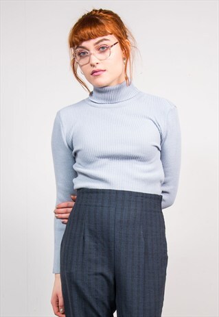 90'S VINTAGE PASTEL BLUE KNIT RIBBED ROLL NECK TOP JUMPER
