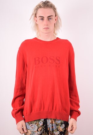 HUGO BOSS MENS VINTAGE JUMPER SWEATER LARGE RED 90S