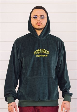 HANDMADE VELVET SWEATSHIRT IN GREEN WITH EMBROIDERED LETTERS
