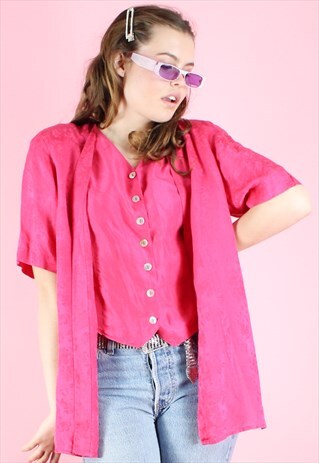 VINTAGE 90S BLOUSE Y2K BRIGHT PINK TWO LAYERED BUTTON UP