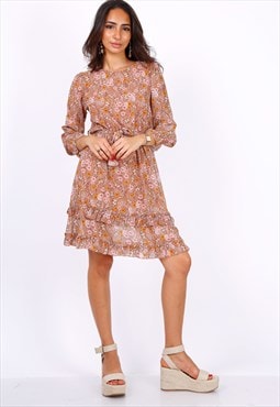 Camel Long Sleeve Mini Dress In Chiffon Paisley Print