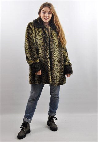 VINTAGE OVERSIZED LEOPARD PRINT FAUX FUR COAT