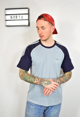 VINTAGE ADIDAS BLUE GREY POLYESTER T SHIRT