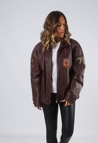 RARE LEATHER JACKET BOMBER OVERSIZED VARSITY UK 16 (GK7F)