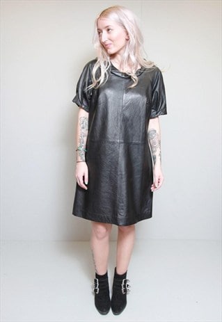 VINTAGE 1980S SOFT BLACK LEATHER MINI DRESS
