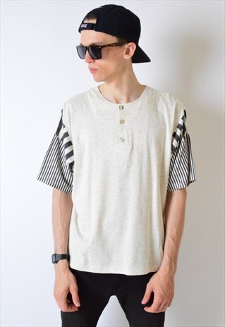 VINTAGE 90S GREY STRIPED 1/4 BUTTON T-SHIRT