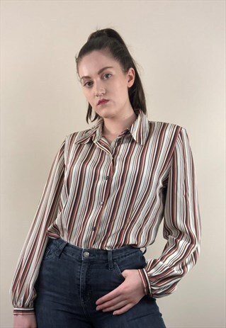 WOMENS VINTAGE 80S BLOUSE WITH SHOULDER PADS STRIPY SHIRT