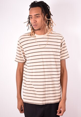 DKNY MENS VINTAGE T-SHIRT TOP MEDIUM BEIGE STRIPES 90S