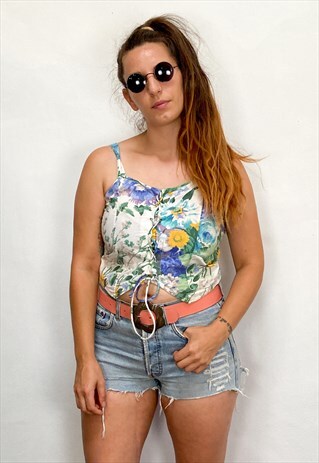 VINTAGE 90'S FLORAL PRETTY LACE UP CROP TOP