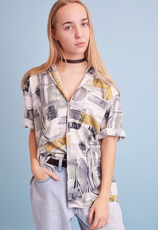 90'S RETRO ABSTRACT PRINT OVERSIZED SHIRT BLOUSE TOP