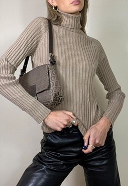 Vintage Y2K 00's Gucci Ribbed Polo Neck Jumper Top Brown